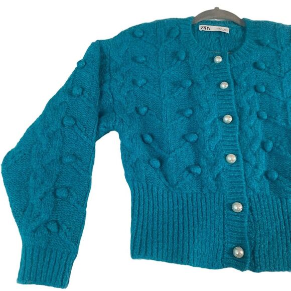 ZARA Faux Pearl Button front Cropped Cardigan Sweater Pom-pom Teal Blue Small - Picture 6 of 11
